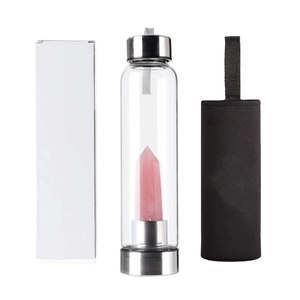 Hexagonal pink crystal energy glass water bottle with metal lid and protective sleeve