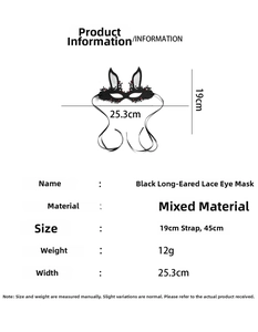 Detailed size specifications for the black lace bunny ear mask with red sequin accents