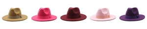 Selection of five felt fedora hats in khaki, pink, burgundy and purple with ribbon bands
