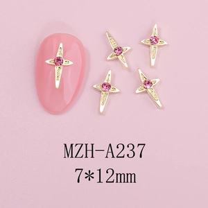Detail of 7x12mm alloy star nail charm with pink rhinestone on almond nail