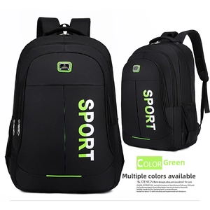 Dual-view display of black Oxford cloth backpack with green SPORT lettering and logo