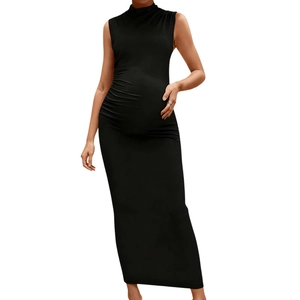 Sleeveless high neck maternity maxi dress in black with elastic ruched side detailing