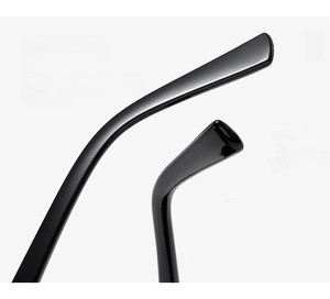 Macro shot of glossy black curved sunglasses temple featuring ergonomic design