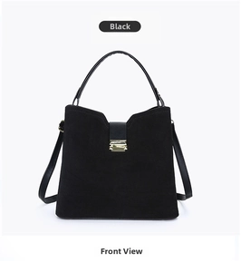 Front view of black faux suede tote bag with leather straps and gold square buckle