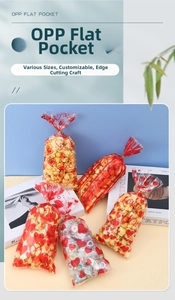 Close-up of clear OPP flat bag with red heart pattern and LOVE print for candy packaging