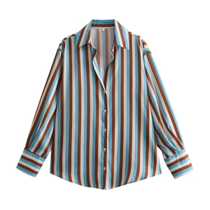 Vertical brown and blue striped long sleeve satin shirt with size S on collar