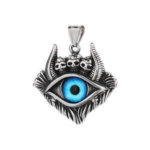 Ciondolo punk gotico con teschio e grande occhio blu malefico in finitura argento