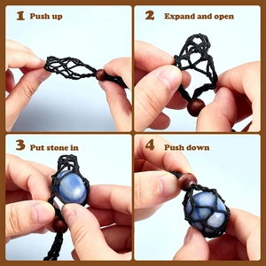 Detailed four-step guide to inserting stones into a black woven mesh necklace pouch