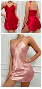 Detail view of high-gloss satin silk nightgown with deep V-neck and side slit accents