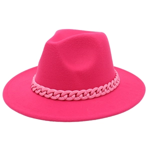 Wide Brim Wool Felt Fedora Hat With Pink Acrylic Chain Decoration Elegant Jazz Style Fashion Accessory For Women