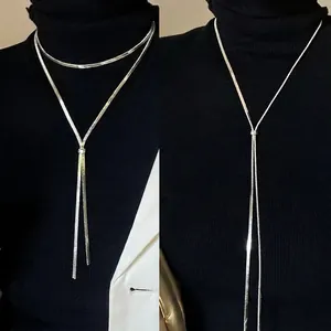 Adjustable silver titanium steel snake chain necklace for women with Y-shaped tassel design