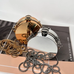 Round Crossbody Bag Mini Mirror Polished Metal Circular Evening Minaudière With Bee Buckle Long Chain Strap Women