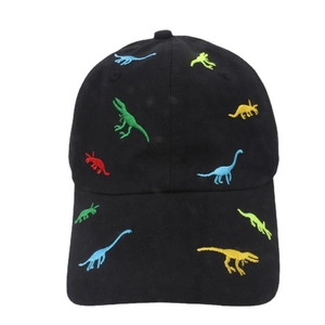 Black cotton baseball cap for kids with colorful cartoon dinosaur embroidery on a white background