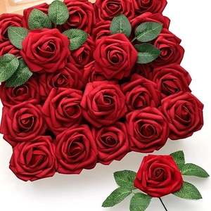 Top view of 25 artificial deep red PE foam roses with stems for wedding decoration