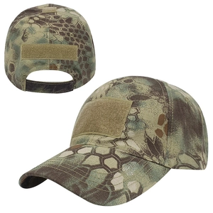 Tactical camo baseball cap featuring honeycomb patterns and velcro patches for morale badges