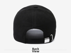 Rear view of black cotton baseball cap showing silver metal adjustable strap buckle