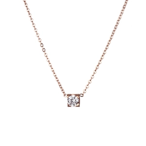 Classic rose gold titanium steel necklace with a single round zircon pendant on white background