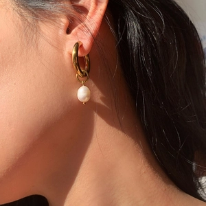 French vintage freshwater pearl hoop earrings in 18k gold plated titanium steel for women