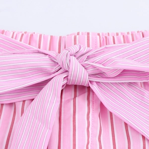 Women's pink striped straight-leg pants with elegant bow belt detail and elastic waist