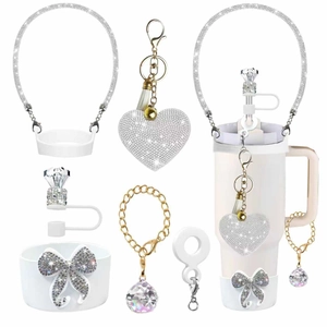 Sparkling rhinestone heart keychain, bow, and diamond ring straw cover for Stanley cup