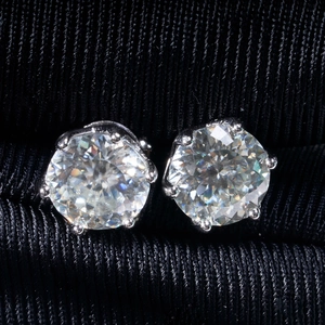 Macro shot of a classic six-prong S925 silver stud earring with a brilliant round-cut moissanite