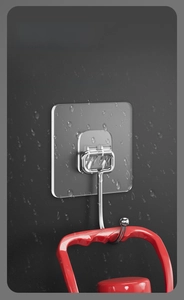 Waterproof adhesive J-hook in stainless steel holding a heavy red bucket in wet bathroom