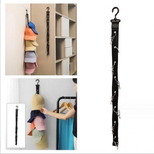 Wall-mounted black hat rack with 10 metal clips for baseball cap storage and organization