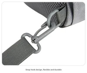 Detail of grey swivel hook and durable woven strap on waterproof outdoor sling bag