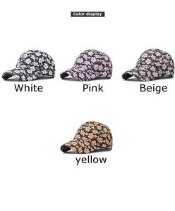 Flat lay detail showing cotton baseball caps in white, pink, beige, and yellow floral patterns