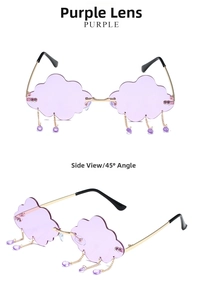 Détail de lunettes de soleil sans monture en forme de nuage avec verres violets