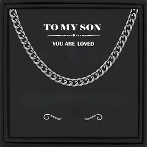 Silver stainless steel Cuban link necklace for son in a premium black gift box