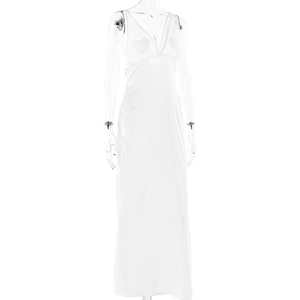 Detail of the elegant white V-neck sleeveless maxi dress with a smooth and minimalist texture