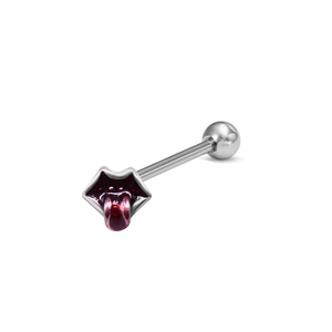 Macro shot of silver metal tongue ring featuring purple enamel mouth and skull design