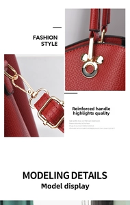 Detail of red lychee leather handbag featuring golden Mickey-shaped handle connectors