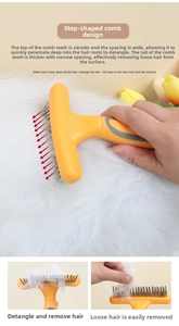 Close-up of dual-layer stainless steel teeth on pet de-shedding rake for tangled fur