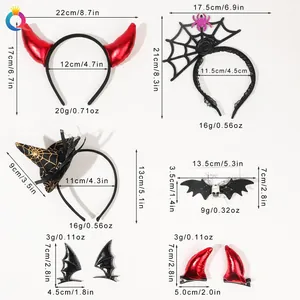 Size chart showing dimensions for Halloween headbands including devil horns and spider webs