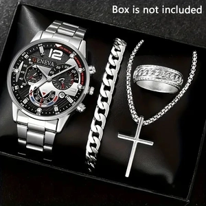 Men's business watch set with Roman scale quartz watch cross necklace bracelet and ring