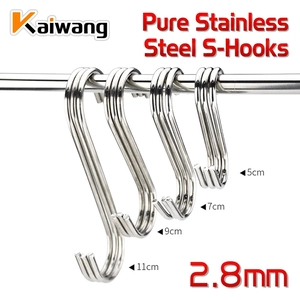 Polished stainless steel S-hooks in four sizes hanging from a horizontal metal rod