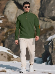 Detail of dark green knit sweater featuring stand collar buttons and elbow patches