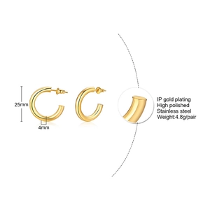 Detail showing 25mm diameter and 4mm thickness of gold plated stainless steel C-hoop earrings
