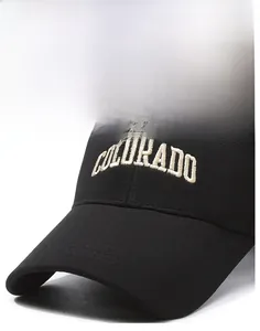 Detail of Colorado embroidery on a black baseball cap with a sturdy curved sun visor