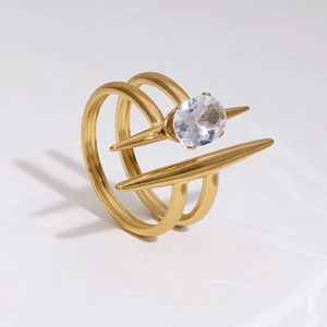 Detail of 18k gold plated stainless steel ring with zircon stones and double-line design
