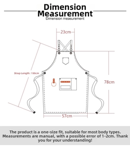 Detailed size chart for thick canvas apron showing length 78cm and width 57cm dimensions