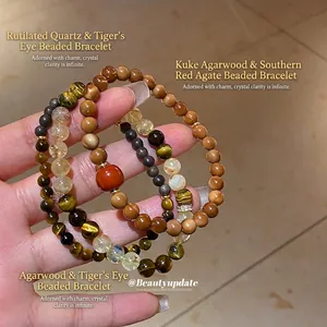 Natural Tiger Eye Stone Beaded Bracelet Agate Kuke Wood Handcrafted New Chinese Style Luxury Retro Jewelry For Men Women