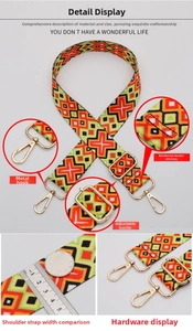 Detail of colorful ethnic pattern shoulder strap with gold alloy clips and sturdy stitching