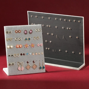 L-shaped velvet stud earring display stand with multi-hole capacity in black and grey