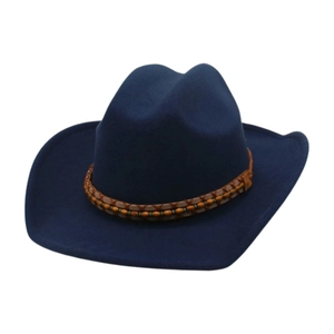 Navy blue felt cowboy hat with woven leather and wooden bead vintage band