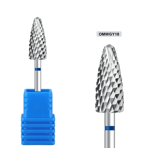 Detailed close-up of carbide nail drill bit with blue ring and precision cutting flutes