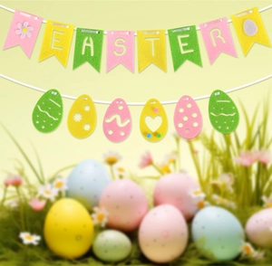 Detail of colorful Easter felt banner featuring letters and patterned egg cutouts