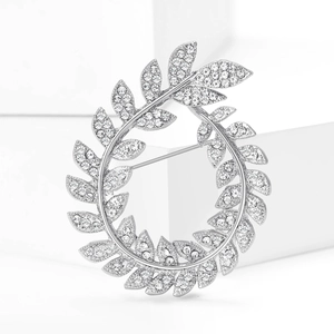 Elegant silver olive branch wreath brooch with sparkling rhinestones for suits